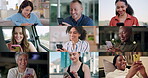 Connection, people or phone in collage for contact, texting or happy for global communication. Employees, community or chat on tech for international networking, connectivity or diversity in montage