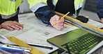 Employees, blueprint and team hands for drawing on construction site, maintenance and sketch. Development, contractors and design layout for building renovation, documents for floor infrastructure