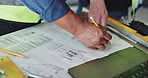 Employees, blueprint and contractor hands for drawing on construction site, maintenance and planning. Sketch, developers and design layout for building renovation, documents for floor infrastructure