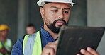 Planning, tablet and architecture with man on construction site for project management, property development and building inspection. Engineering, technology and digital blueprint with person 