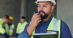 Radio, tablet and property with man on construction site for project management, engineering development and building inspection. Architecture, technology and digital blueprint with person for update
