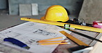 Architecture, equipment and blueprint with ruler or hard hat for floor plan, renovation sketch and building design. Paperwork, drawing and scale for construction site, development and project process