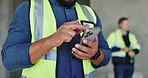 Phone, engineering and hands of construction worker on site for building development approval email. City planning, cellphone and industrial civil contractor typing email for renovation or building.