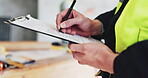 Man, hands and clipboard on construction site for checklist, safety compliance or inspection protocol. Engineer, paper or pen at property development for sign in procedure with survey for information