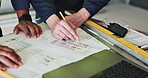 People, blueprint and contractor hands for drawing on construction site, maintenance and planning. Employees, developers and design layout for building renovation, documents for floor infrastructure