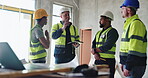 Teamwork, planning and engineering with people on construction site, meeting and building renovation. Collaboration, project management and architecture with contractor for design and leadership