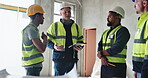 Teamwork, leadership and engineering with people and tablet for construction site, blueprint and building renovation. Collaboration, project management and architecture with contractor for design