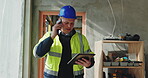 Phone call, tablet and engineering with man on construction site for project management, property development and building inspection. Architecture, communication and digital blueprint with person