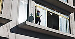 Inspection, engineer and man with tablet, site and walking on balcony, planning and person in construction. Architecture, digital and ideas for design, renovation and maintenance of building with app