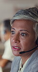 Mature woman, call center and helping in office, night shift and telemarketing agent. Female person, technical support and consultant for hotline assistance, customer service and operator talking