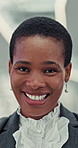 Black woman, lawyer and face with smile in office for social justice, career and pro bono legal aid for ngo. Person, advocate or attorney with pride, happy and portrait for community service in Kenya