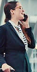 Woman, flight attendant and happy with discussion in phone call at airport for communication and networking. Female person, employee and profile with smile as air hostess with luggage for traveling