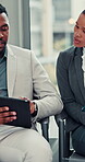 People, tablet and row in waiting room of meeting for interview, resume and recruitment of hr process. Staff, notebook and digital for hiring opportunity, job application and appointment in office