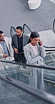 Phone call, airport and business woman on escalator for communication, networking and tradeshow opportunity. Contact, merger and exhibition congress with person and travel for booking appointment