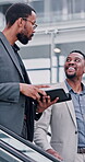 Professional, people and discussion with tablet on escalator for project planning, travel schedule and review report. Men, digital and lawyers for case information, email feedback and online agenda