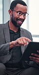 Black man, business and smile with tablet in office for investment, research or reading economy news. Stock broker, portfolio and scroll on technology for currency exchange, forecasting or evaluation