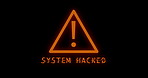 Warning, hacking and hologram sign for system with cyber security threat by black background. Attention, programming and phishing for information technology abstract, icon or symbol for ransomware