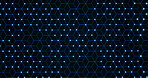 Hexagon, shape or glow on black background with dots, metaverse network or digital matrix on cyber connection. Neon lighting, future technology and system information grid for iot or dark wallpaper