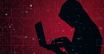 Hacker, laptop and typing with code, hologram and silhouette for cyber terrorism by red background. Person, rogue programmer and computer with futuristic matrix, click and developer for ransomware