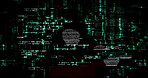 Hacker, laptop and coding overlay of language for data transfer, binary code and programming security of scam. Cyberpunk, pattern and cloud computing for malware virus, network system and AI software