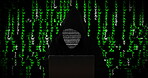 Hacker, laptop and glitch of coding language for data transfer, binary code and programming security of scam. Cyberpunk, pattern and cloud computing with malware virus, network system and software