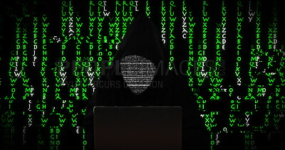 Hacker, laptop and overlay of coding language for data transfer, binary ...