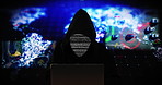 Hacker, laptop and programming with dashboard at night for cyber attack, AI malware or traffic control. Blackhat, cyberpunk or cracker coding with overlay or road signal for crime or high speed chase