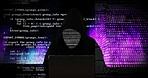 Hacker, laptop and overlay of coding language for data transfer, binary code and programming security of scam. Cyberpunk, pattern and cloud computing with malware virus, network system and software