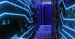 Digital, hologram and night with server room for data protection, cybersecurity or system backup. Empty, futuristic and technology grid with pattern on wall for network breach, bypass or AI control 