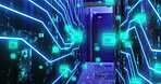 Digital, hologram and night with particles in server room for data protection, cybersecurity or system backup. Empty, futuristic and technology grid with pattern for network bypass or AI control