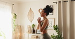 Meditation, yoga and woman in house, energy and stress relief with morning routine in living room. Healthy person, apartment and girl with posture, flexibility or stretching with fitness or wellness