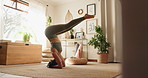 Meditation, yoga and woman in house, stretching and stress relief with morning routine in living room. Healthy person, zen or girl with posture, flexibility or energy with fitness, chakra or wellness