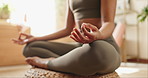 Woman, hands and mudra with meditation in home for chakra healing, mindfulness and mental health. Female person, body and exercise with gesture in house for inner peace, practice and breath awareness