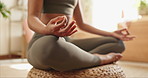 Hands, home and woman with meditation, yoga and wellness with peace, morning routine and relax. Apartment, person and girl in lounge, closeup or health with break, chakra and zen with stress relief