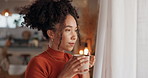 Woman, thinking and drink coffee in home, blowing air and remember memory or nostalgia by window. Female person, tea and reflection of future for perspective in lounge, smile and beverage for peace