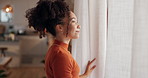 Woman, memory and reflection by window with smile, curtains and start morning at apartment. Girl, person and happy with vision, perspective and thinking with ideas, excited and inspiration in home