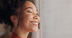 Woman, reflection and smile by curtains in home, window or inspiration to start morning at apartment. Girl, person and happy for vision, perspective and thinking for idea, excited or insight in house