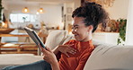 Smile, message and woman with tablet on sofa for dating app, platform and online communication. Female person, happy and typing with tech at home for profile match, response and digital conversation