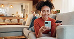 Happy, woman and credit card with phone on sofa for online banking, platform and digital subscription. Home, fintech and person with transaction for ecommerce, purchase and verification of payment