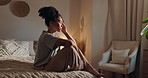 Woman, fatigue and sad thinking in bedroom, depression and remember memory of trauma. Female person, lonely morning and reflection of fail or mistake in home, regret and ponder broken heart on bed