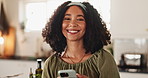 Phone, woman and face in kitchen with recipe on social media post for detox, eating and smile. African person, food and breakfast with mobile, text and web with breakfast and online in home with tech