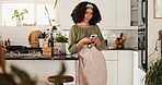 Kitchen, woman and typing with smartphone for recipe, cooking tips and information for meal dish. Home, female person or cook with cellphone for mobile app, culinary ideas and thoughts in house