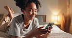 Home, night and woman in bedroom, cellphone and typing with connection, game and social media. Happy person, evening or girl with smartphone, mobile user or online reading with digital app with smile