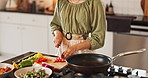 Kitchen, hands and woman with vegetables for cutting, chop and preparation for healthy diet at home. Culinary, female person or cook with food for cooking, frying and nutrition meal with peppers 