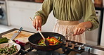 Home, hands and person with vegetables for cooking, frying and preparation for healthy diet in kitchen. Culinary, female cook and woman with food for staring, vegan and nutrition meal with peppers