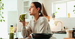 Woman, green and smoothie in house for health, nutrition and breakfast in morning with cooking. Female person, smile and healthy juice drink in kitchen for wellness, weight loss or detox with protein