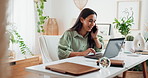 Happy woman, plants and laptop with phone call for communication, eco friendly or small business at office. Young female person, environmentalist and smile for floral order or discussion at workplace