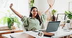 Happy woman, relax or stretching with laptop by plants for done, completion or finish at office or eco friendly workspace. Young, female person or environmentalist with smile on break in agro startup