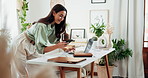 Woman, phone and laptop with plants in office for blog post review, checking magazine article and garden writer. Eco friendly small business, tech and happy for web story on biodiversity conservation