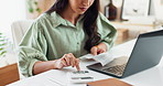 Business woman, receipt and audit with calculator or laptop for budget, bills or company expenses at office. Young, female person or accountant with invoice on computer for calculation or finance